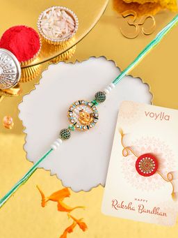 Voylla - Lord Ganesh Pearls Green Rakhi with Roli Chawal and Card for Brother (Set of 3)