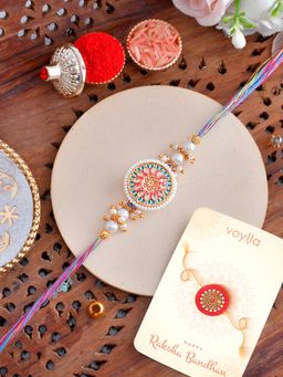 Voylla - Pearls & Faux Kundan Thread Rakhi with Roli Chawal & Card for Brother (Set of 3)