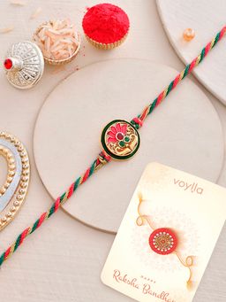 Voylla - Floral Enamelled Thread Rakhi with Roli Chawal & Card for Brother (Set of 3)