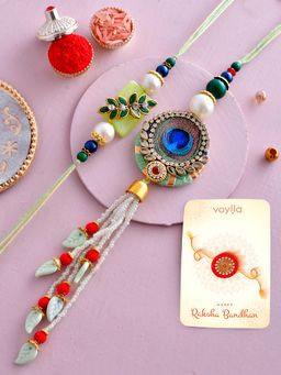 Voylla - Peacock Feathers & Beads Bhaiya Bhabhi Lumba with Roli Chawal & Card (Set of 4)