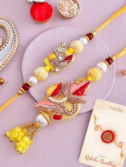 Voylla - Faux Pearls & Kundan Gems Bhaiya Bhabhi Lumba with Roli Chawal & Card (Set of 4)