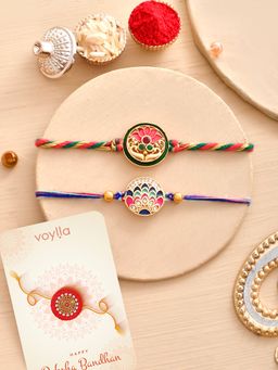 Voylla - Colourful And Embellished Rakhi with Roli Chawal & Card (Set of 4)