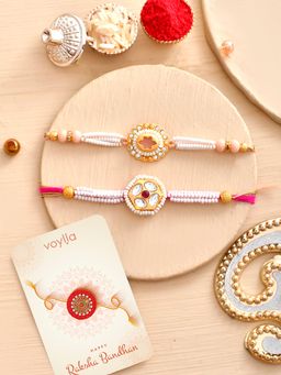 Voylla - Pearls & Colourful Gems Traditional Rakhi with Roli Chawal & Card (Set of 4)