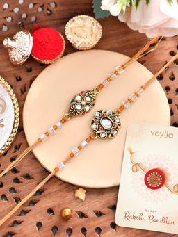 Voylla - Gemstones & Beads Embellished Rakhi with Roli Chawal & Card (Set of 4)