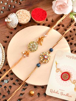 Voylla - Gemstones & Beads Embellished Thread Rakhi with Roli Chawal & Card (Set of 4)