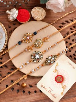 Voylla - Gemstones & Beads Embellished Thread Rakhi with Roli Chawal and Card (Set of 6)