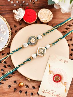 Voylla - Traditional Inspired Pearls Embellished Rakhi with Roli Chawal & Card (Set of 4)