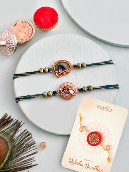 Voylla - Divine Motifs Embellished Thread Rakhi with Roli Chawal & Card (Set of 4)