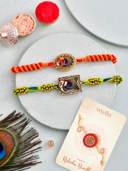 Voylla - Traditional Motifs Colourful Thread Rakhi with Roli Chawal & Card (Set of 4)