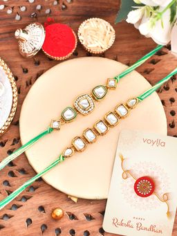 Voylla - Faux Kundan Traditional Thread Rakhi with Roli Chawal & Card (Set of 4)