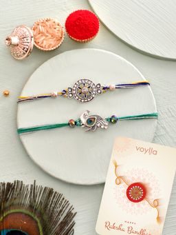 Voylla - Divine Motifs Embellished Thread Rakhi with Roli Chawal & Card (Set of 4)