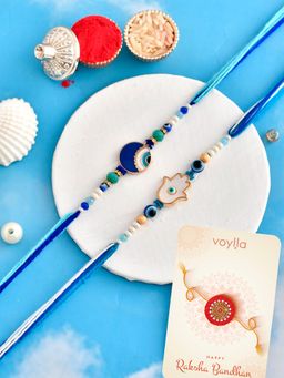 Voylla - Evil Eye Hamsa Charms Rakhi with Roli Chawal & Card (Set of 4)