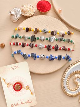 Voylla - Stone Beaded Colourful Rakhi with Roli Chawal and Card (Set of 6)