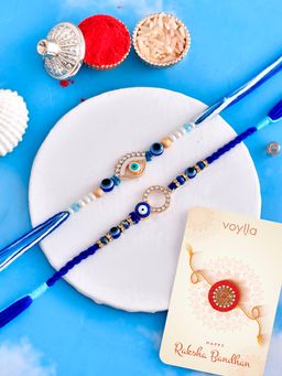 Voylla - Evil Eye Charms Thread Rakhi with Roli Chawal & Card (Set of 4)