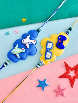 Voylla - Colourful Airplane & Video Games Motifs Thread Rakhi for Kids (Set of 2)