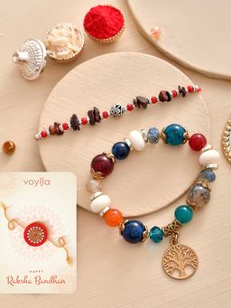 Voylla - Beaded Rudraksh Bhaiya Bhabhi Rakhi Bracelet with Roli Chawal & Card (Set of 4)