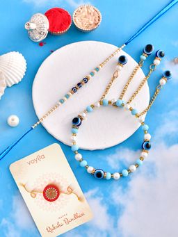 Voylla - Evil Eye Charms Bhaiya Bhabhi Rakhi Bracelet with Roli Chawal & Card (Set of 4)