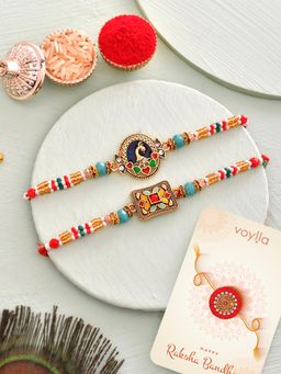 Voylla - Traditional Motifs Thread Rakhi with Roli Chawal & Card (Set of 4)