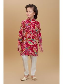 Mini Stitch - Red Boys Cotton Floral Printed Kurta & Pant
