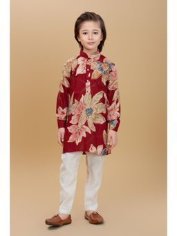 Mini Stitch - Red Boys Rayon Floral Printed Kurta & Pant