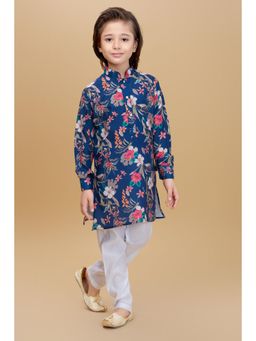 Mini Stitch - Blue Boys Cotton Blend Floral Printed Kurta & Pant