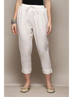 Biba - Off White Viscose Silk Solid Ankle Pants