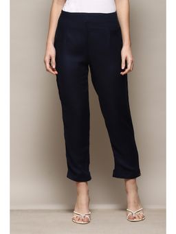 Biba - Navy Blue Viscose Solid Ankle Pants