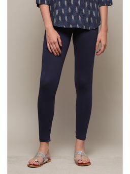 Biba - Blue Cotton Solid Ankle Leggings