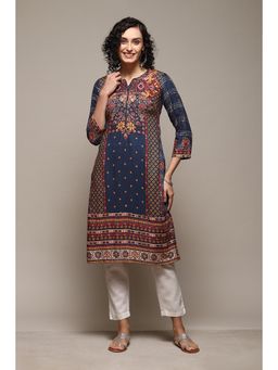 Biba - Teal Rayon Printed Calf Length Kurta