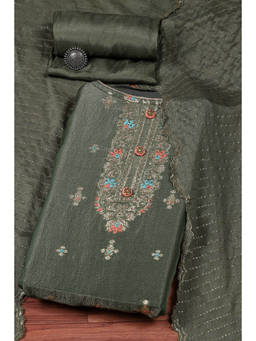 Biba - Green Banarasi Silk Embellished Unstitched Suit (Set of 3)