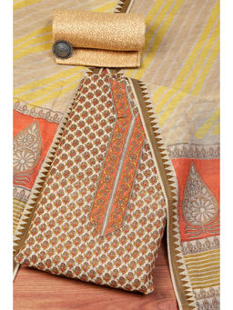 Biba - Brown Chanderi Printed Unstitched Suit (Set of 3)