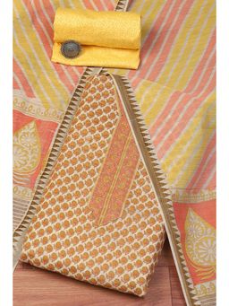 Biba - Brown Yellow Chanderi Printed Unstitched Suit (Set of 3)