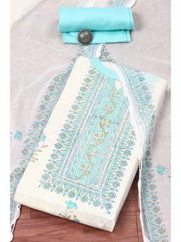 Biba - Beige Mint Blue Cotton Printed Unstitched Suit (Set of 3)