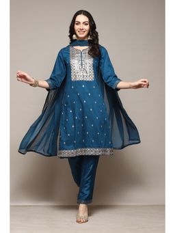 Biba - Teal Polyester Embroidery Knee Length Kurta (Set of 3)