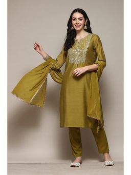 Biba - Lime Green Rayon Flex Embroidery Knee Length Kurta (Set of 3)