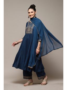 Biba - Teal Rayon Embroidery Calf Kurta (Set of 3)