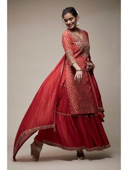 Biba - Red Cotton Polyester Embroidery Calf Kurta (Set of 3)