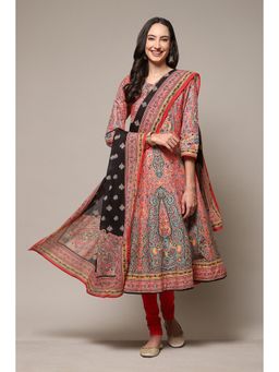 Biba - Red Cotton Printed Calf Kurta (Set of 3)