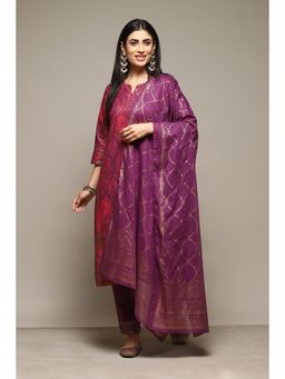 Biba - Purple Cotton Printed Calf Kurta (Set of 3)