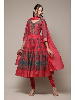 Biba - Red Cotton Printed Calf Kurta (Set of 3)