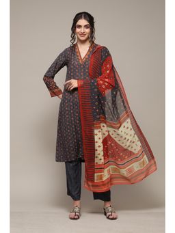 Biba - Charcoal Grey Polyester Printed Calf Kurta (Set of 3)