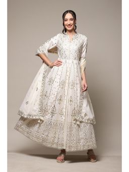 Biba - Ivory Cotton Embellished Maxi Kurta (Set of 3)