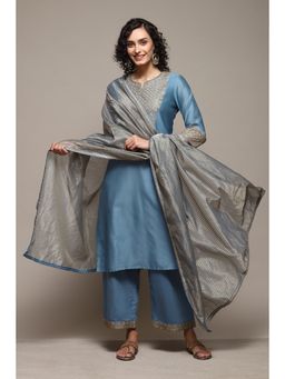 Biba - Blue Cotton Embroidery Calf Kurta (Set of 3)