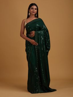 Koskii - Bottle Green Swarovski Semi Crepe Designer Saree with Unstitched Blouse