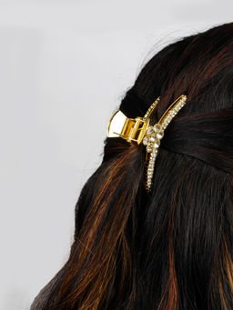 Accessher - Gold and White Brass and Cubic Zirconia Stone Butterfly Clip for Women