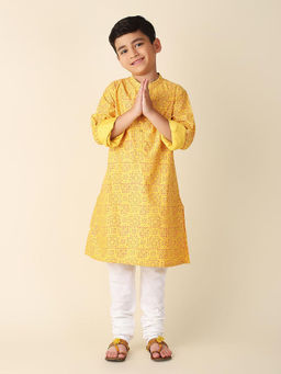 Fabindia - Yellow Viscose Silk Hand Block Printed Long Kurta