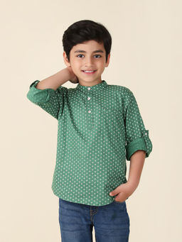 Fabindia - Green Cotton Printed Short Kurta