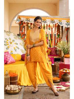 Jaipur Kurti - Mustard Leheriya Embroidered Kaftan Kurta And Dhoti Pants