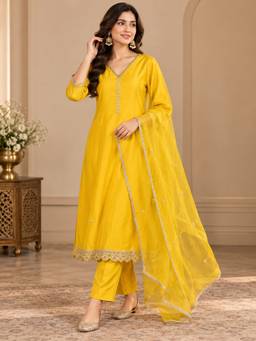 Jaipur Kurti - Mustard Embroidered Kurta and Pant with Dupatta