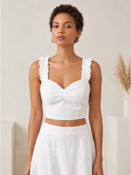 AAKAR - Women’s White Ruched Sweetheart Neck Ruffle Straps Crop Blouse